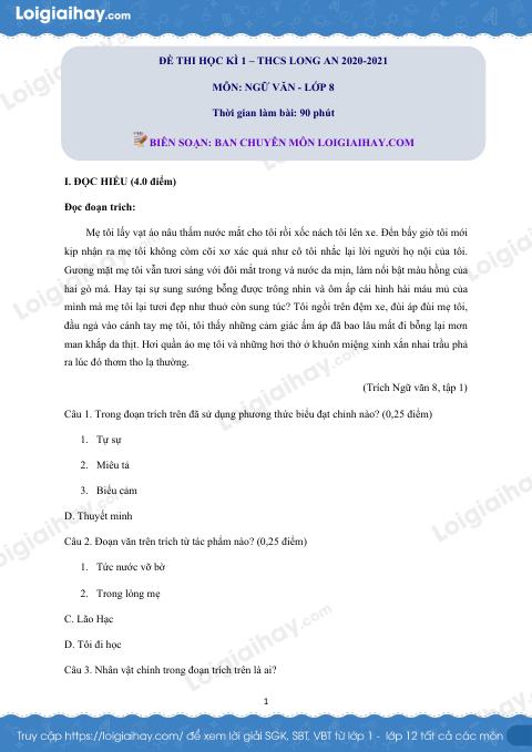 Giải chi tiết đề thi kì 1 môn văn lớp 8 năm 2020 - 2021 Trường THCS THCS Long An